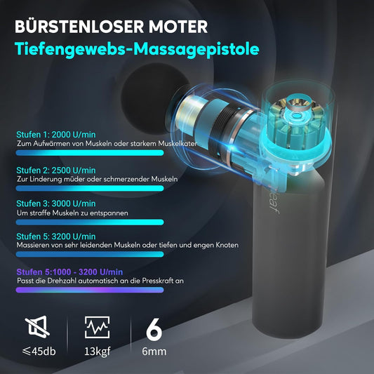 arboleaf Mini Massagepistole Massagegerät Massage gun, 3200rpm 0,47kg mit AI Stufen 4 Silikon-Aufsätze, leise Muskelpistole mit Tasche Muscle Gun für Muskelentspannung stark Akku USB-C