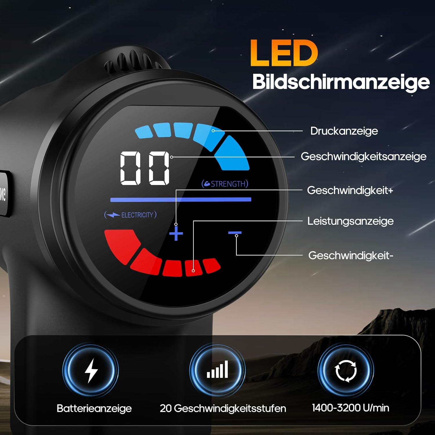 Massagepistole mit Wärmefunktion, AERLANG Massage Pistole Massage Gun, Muskel Massage Gun Massagegerät mit LED Anzeige, Handmassagegeräte Massage Pistole mit 20verstellbaren Stufen&7 Massageköpfen