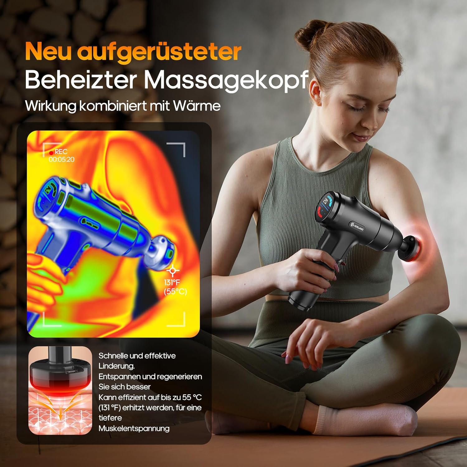 Massagepistole mit Wärmefunktion, AERLANG Massage Pistole Massage Gun, Muskel Massage Gun Massagegerät mit LED Anzeige, Handmassagegeräte Massage Pistole mit 20verstellbaren Stufen&7 Massageköpfen